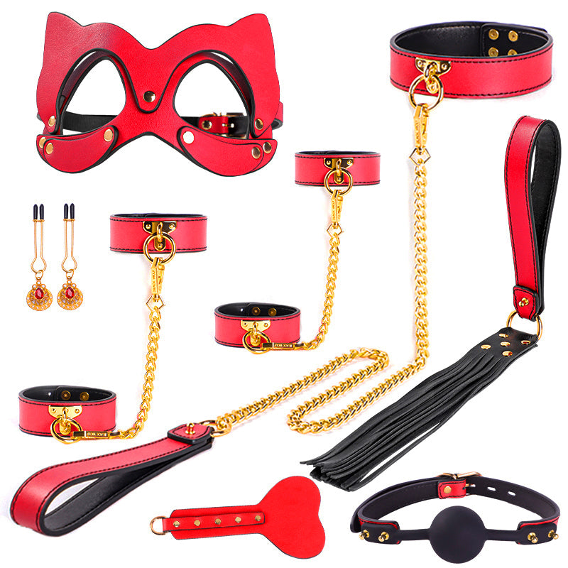 Vanilla Luxury -8 Piece Premium Leather Bondage Kit Red Black-Red